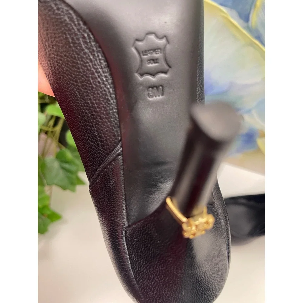 Tory Burch Black Leather Pointed Cap Toe Pumps Gold Logo Stiletto Heels 8